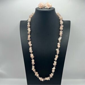 Natural Tumbled Rose Quartz Necklace & Clip Earring Set